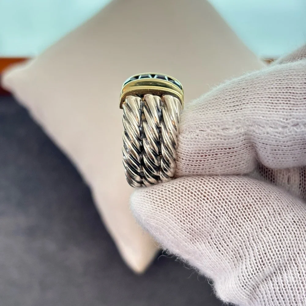 David Yurman 925 & 14k Gold Triple Cable Ring with Amethyst 5.5
